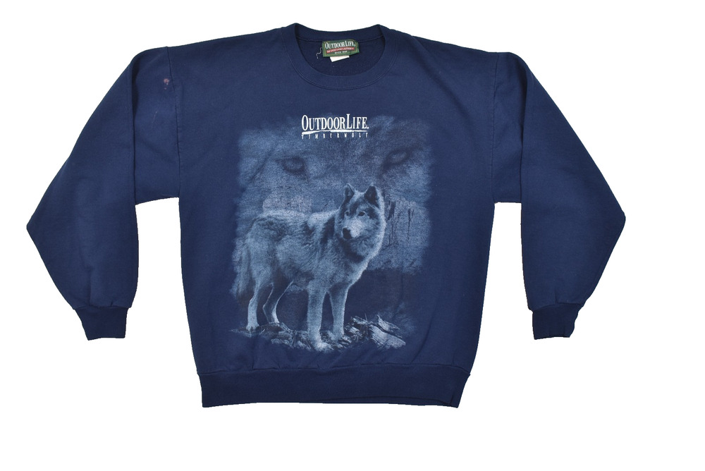 Outdoor Life Men's Navy Blue Timberwolf Graphic Crewneck Sweater Vintage Size XL